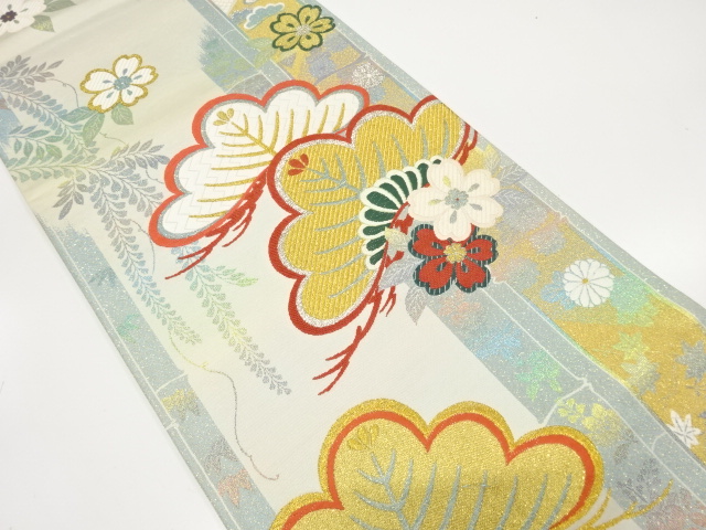 JAPANESE KIMONO / ANTIQUE FUKURO OBI / SILK / WOVEN SAKURA